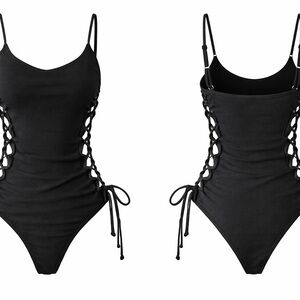 SHEIN Black Lace-Up One Piece Swimsuit